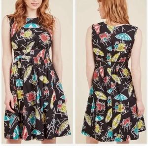 NWT Emily Fin Fit Flare Lucy Dress 1X Cafe Society Alfresco Feast Black Cotton